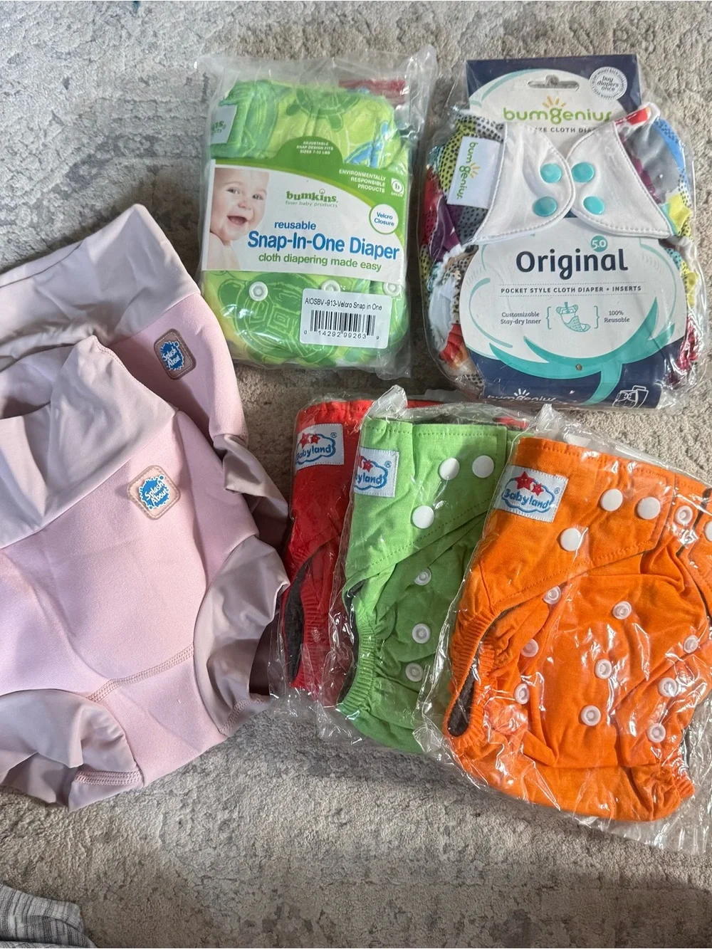 SET Of 7 Reusable Cloth Diaper Set - Pink, Green, Orange and 2 reusable swim